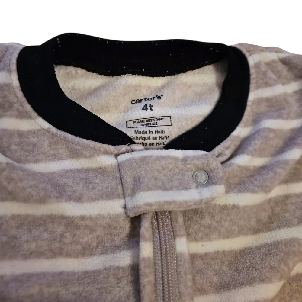 Carters Gray Striped Kids One Piece Footie Pajama, Zip Up, Fleece, Penguin, 4T